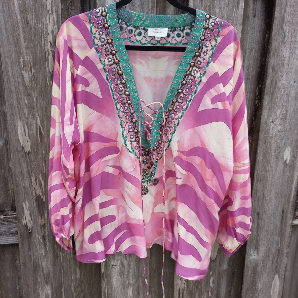 Camilla Australia silk embellished peasant blouse M/L